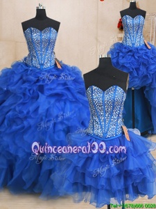 Suitable Four Piece Sweetheart Sleeveless Quinceanera Gowns Floor Length Beading and Ruffles Royal Blue Organza
