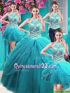 Fashionable Four Piece Halter Top Floor Length Lace Up Quinceanera Dress Aqua Blue and In forMilitary Ball and Sweet 16 and Quinceanera withBeading and Pick Ups