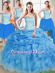 Four Piece Blue Lace Up Sweetheart Beading and Ruffles and Pick Ups 15th Birthday Dress Organza Sleeveless