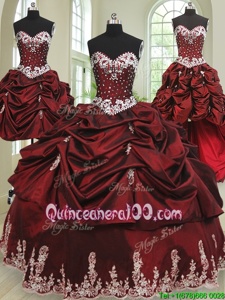 Fitting Four Piece Floor Length Lace Up 15th Birthday Dress Wine Red and In forMilitary Ball and Sweet 16 and Quinceanera withBeading and Appliques and Pick Ups
