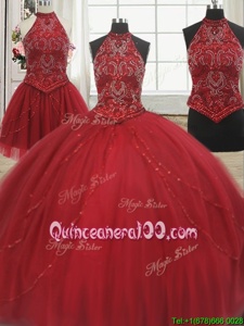 On Sale Three Piece Halter Top Sleeveless Tulle 15th Birthday Dress Beading Court Train Lace Up
