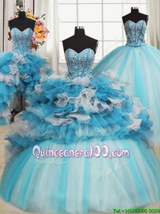 Suitable Sweetheart Sleeveless Sweet 16 Quinceanera Dress Floor Length Beading and Ruffles Blue And White Organza and Tulle