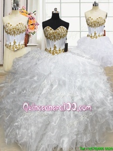 Fashion Three Piece White Ball Gowns Beading and Ruffled Layers Sweet 16 Quinceanera Dress Lace Up Organza Sleeveless Floor Length