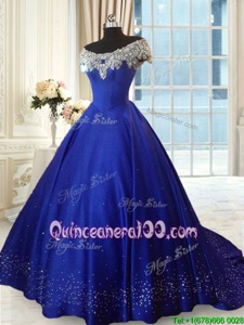 Extravagant Off the Shoulder Ball Gowns Cap Sleeves Royal Blue Sweet 16 Quinceanera Dress Lace Up