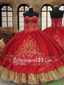 Dramatic Wine Red and Gold Ball Gowns Sweetheart Sleeveless Organza and Taffeta Floor Length Lace Up Beading and Embroidery Sweet 16 Quinceanera Dress