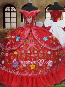 Great Off the Shoulder Sleeveless Embroidery and Bowknot Lace Up Vestidos de Quinceanera