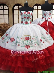 Delicate Ruffled Sweetheart Sleeveless Lace Up Quinceanera Gown White and Red Organza