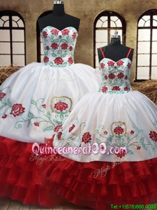 Custom Made EmbroideryRuffled White and Red Organza Lace Up Sweet 16 Quinceanera Dress Sleeveless Floor Length Embroidery and Ruffled Layers