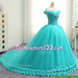 Amazing Off the Shoulder Cap Sleeves Court Train Hand Made Flower Lace Up Quinceanera Dresses