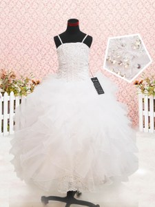 Strapless Sleeveless Flower Girl Dresses for Less Floor Length Beading and Lace and Ruffles White Organza