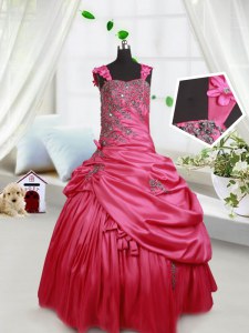Trendy Straps Pick Ups Floor Length Ball Gowns Sleeveless Hot Pink Pageant Gowns For Girls Lace Up