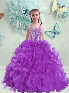 Sweet Eggplant Purple Ball Gowns Organza Straps Sleeveless Beading and Ruffles Floor Length Lace Up Little Girl Pageant Gowns