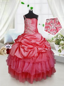Latest Red Spaghetti Straps Neckline Beading and Ruffled Layers Kids Formal Wear Sleeveless Lace Up
