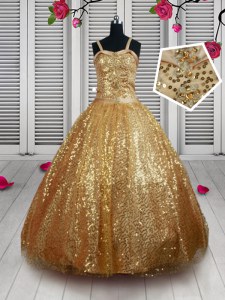 Gold Straps Neckline Beading and Sequins Custom Made Pageant Dress Sleeveless Lace Up