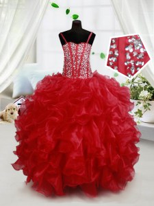 Red Ball Gowns Beading and Ruffles Little Girls Pageant Dress Wholesale Lace Up Organza Sleeveless Floor Length