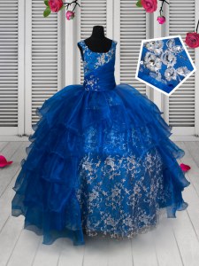 Royal Blue Scoop Neckline Beading and Lace and Ruffled Layers Pageant Dress Sleeveless Lace Up