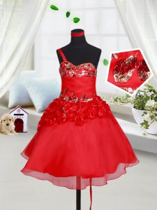 One Shoulder Mini Length Lace Up Flower Girl Dress Red for Quinceanera and Wedding Party with Sequins and Hand Made Flower