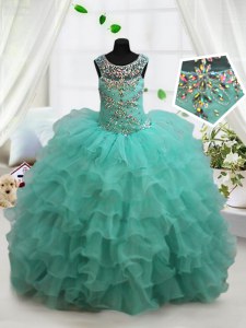Hot Sale Turquoise Lace Up Scoop Beading and Ruffled Layers Little Girl Pageant Gowns Organza Sleeveless