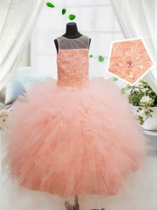 Superior Scoop Peach Tulle Zipper Little Girls Pageant Gowns Sleeveless Floor Length Beading and Lace and Ruffles
