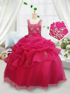 Eye-catching Square Hot Pink Sleeveless Beading and Pick Ups Floor Length Kids Formal Wear