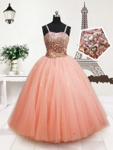 Custom Made Peach Ball Gowns Tulle Straps Sleeveless Beading and Sequins Floor Length Zipper Kids Pageant Dress