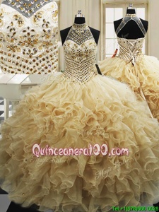 Sleeveless Sweep Train Beading and Ruffles Lace Up Quinceanera Gowns