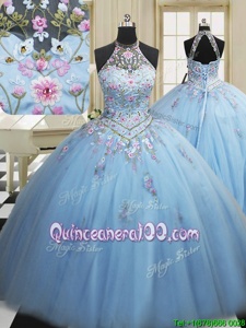 Light Blue Ball Gowns High-neck Sleeveless Tulle Floor Length Lace Up Embroidery Quince Ball Gowns