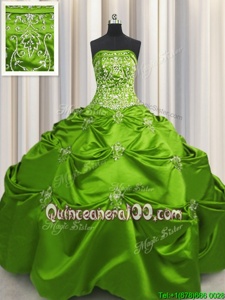 Hot Sale Spring Green Quinceanera Dresses Military Ball and Quinceanera and For withBeading and Appliques and Embroidery Strapless Sleeveless Lace Up