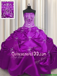Discount Eggplant Purple Ball Gowns Taffeta Strapless Sleeveless Beading and Appliques and Embroidery Floor Length Lace Up Quinceanera Dresses