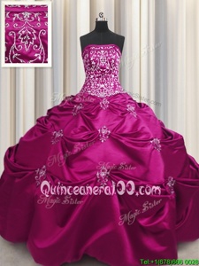 Comfortable Fuchsia Taffeta Lace Up Strapless Sleeveless Floor Length Quinceanera Gown Beading and Appliques and Embroidery