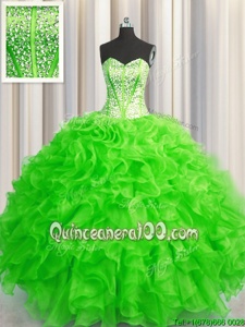 Sumptuous Visible Boning Beaded Bodice Spring Green Ball Gowns Sweetheart Sleeveless Organza Floor Length Lace Up Beading and Ruffles 15 Quinceanera Dress