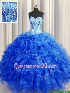 Sophisticated Visible Boning Beaded Bodice Royal Blue Ball Gowns Sweetheart Sleeveless Organza Floor Length Lace Up Beading and Ruffles 15th Birthday Dress