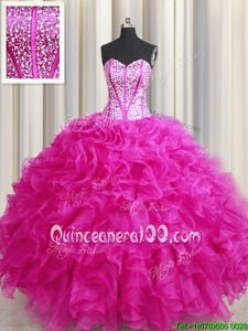 Best Visible Boning Bling-bling Floor Length Lace Up 15 Quinceanera Dress Hot Pink and In forMilitary Ball and Sweet 16 and Quinceanera withBeading and Ruffles