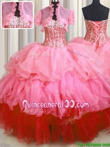 Wonderful Visible Boning Bling-bling Sweetheart Sleeveless Organza Quinceanera Gown Beading and Ruffled Layers Lace Up