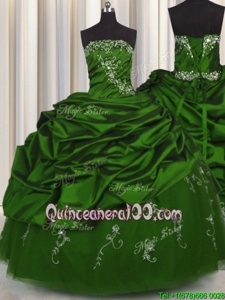 Stylish Embroidery Green Ball Gowns Beading and Appliques and Pick Ups Ball Gown Prom Dress Lace Up Taffeta Sleeveless Floor Length