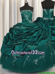 Extravagant Sleeveless Taffeta Floor Length Lace Up 15 Quinceanera Dress inPeacock Green forSpring and Summer and Fall and Winter withBeading and Appliques and Embroidery and Pick Ups