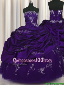 Super Taffeta Strapless Sleeveless Lace Up Beading and Embroidery and Pick Ups Ball Gown Prom Dress inPurple