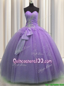Fantastic Lavender Lace Up Sweetheart Beading and Sequins and Bowknot Quinceanera Dresses Tulle Sleeveless