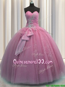 Rose Pink Sweetheart Lace Up Beading and Sequins and Bowknot Quinceanera Gown Sleeveless