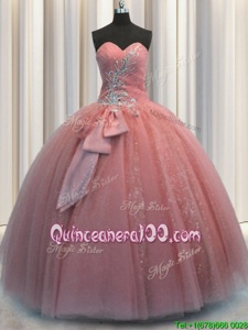 Graceful Tulle Sweetheart Sleeveless Lace Up Beading and Sequins and Bowknot Ball Gown Prom Dress inWatermelon Red