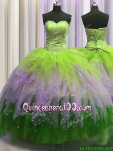 Latest Visible Boning Multi-color Sleeveless Beading and Ruffles and Sequins Floor Length 15 Quinceanera Dress