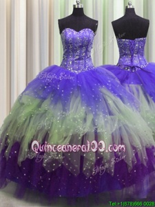 Fantastic Visible Boning Sleeveless Floor Length Beading and Ruffles and Sequins Lace Up Quinceanera Gown with Multi-color