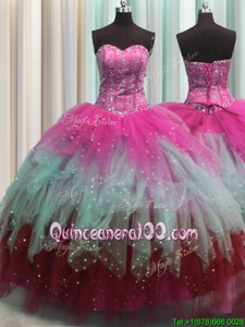 Extravagant Visible Boning Multi-color Sleeveless Floor Length Beading and Ruffles and Sequins Lace Up Sweet 16 Dresses