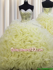 Perfect Brush Train Fabric With Rolling Flowers Sweetheart Sleeveless Lace Up Beading and Pick Ups Quinceanera Gowns inLight Yellow