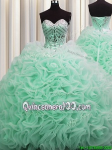 Charming Brush Train Sweetheart Sleeveless Quinceanera Dresses Floor Length Beading and Pick Ups Apple Green Fabric With Rolling Flowers