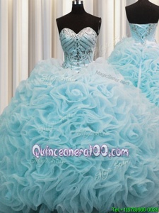 Wonderful Rolling Flowers Aqua Blue Lace Up Sweetheart Beading and Pick Ups Ball Gown Prom Dress Organza Sleeveless Brush Train
