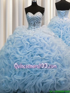 Amazing Rolling Flowers Baby Blue Sweetheart Lace Up Beading and Pick Ups Ball Gown Prom Dress Brush Train Sleeveless
