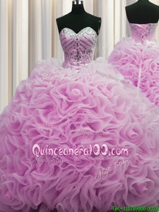 Luxurious Rolling Flowers Lilac Sweet 16 Quinceanera Dress Military Ball and Sweet 16 and Quinceanera and For withBeading and Pick Ups Sweetheart Sleeveless Brush Train Lace Up