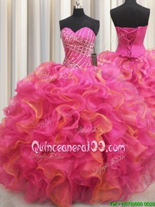 Graceful Hot Pink Lace Up Sweetheart Beading and Ruffles Sweet 16 Dress Organza Sleeveless