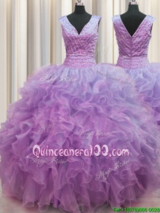 Super V Neck Zipper Up Lilac Organza Zipper V-neck Sleeveless Floor Length Ball Gown Prom Dress Ruffles